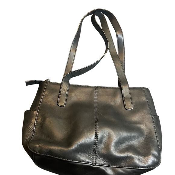 Leather Shoulder Handbag Black Small Double Handles Side Pockets Classic Casual - Picture 1 of 5